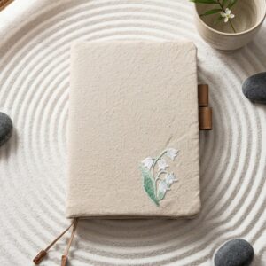 Handcrafted natural beige linen A5 book cover embroidered with white lily of the valley, set in a peaceful zen sand garden flat lay.