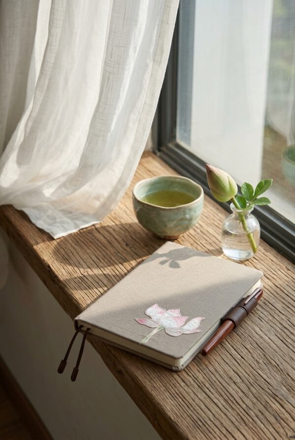 Handcrafted taupe linen notebook cover with lotus embroidery on a rustic wooden windowsill with a tea bowl, a bud in a vase, and a pen under natural sunlight.
