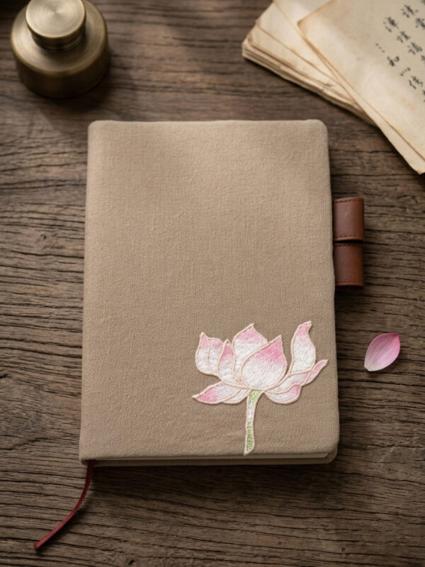 Zen Lotus Embroidered Linen Book Cover – Dark Beige Vintage Journal & Planner Protector