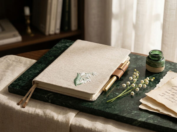 Lily of the Valley Embroidered Linen Book Cover – Beige Minimalist Journal & Planner Protector