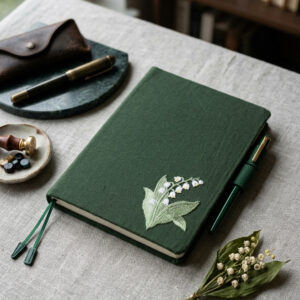 Forest Green Lily of the Valley Embroidered Linen Book Cover – Vintage Minimalist Journal & Planner Protector