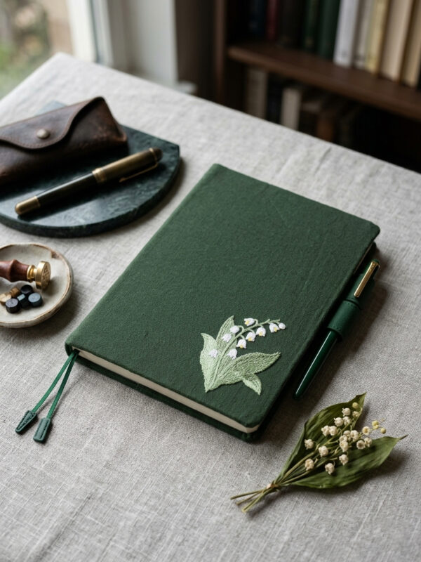 Forest Green Lily of the Valley Embroidered Linen Book Cover – Vintage Minimalist Journal & Planner Protector