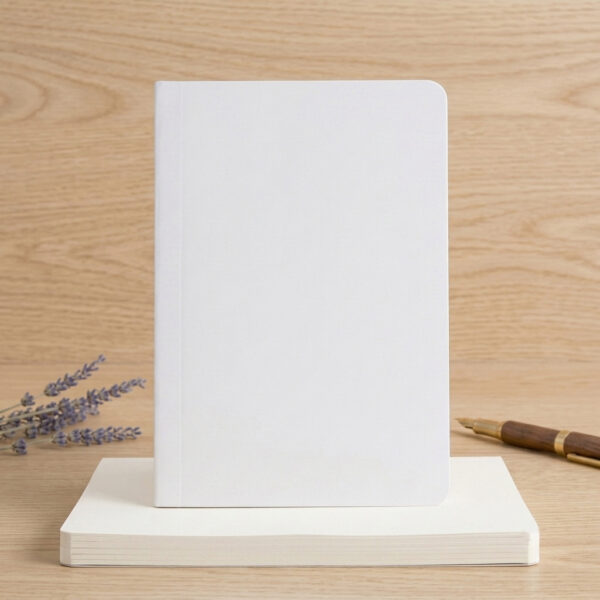 A5 blank notebook refill insert standing on paper stack with fountain pen and dried lavender