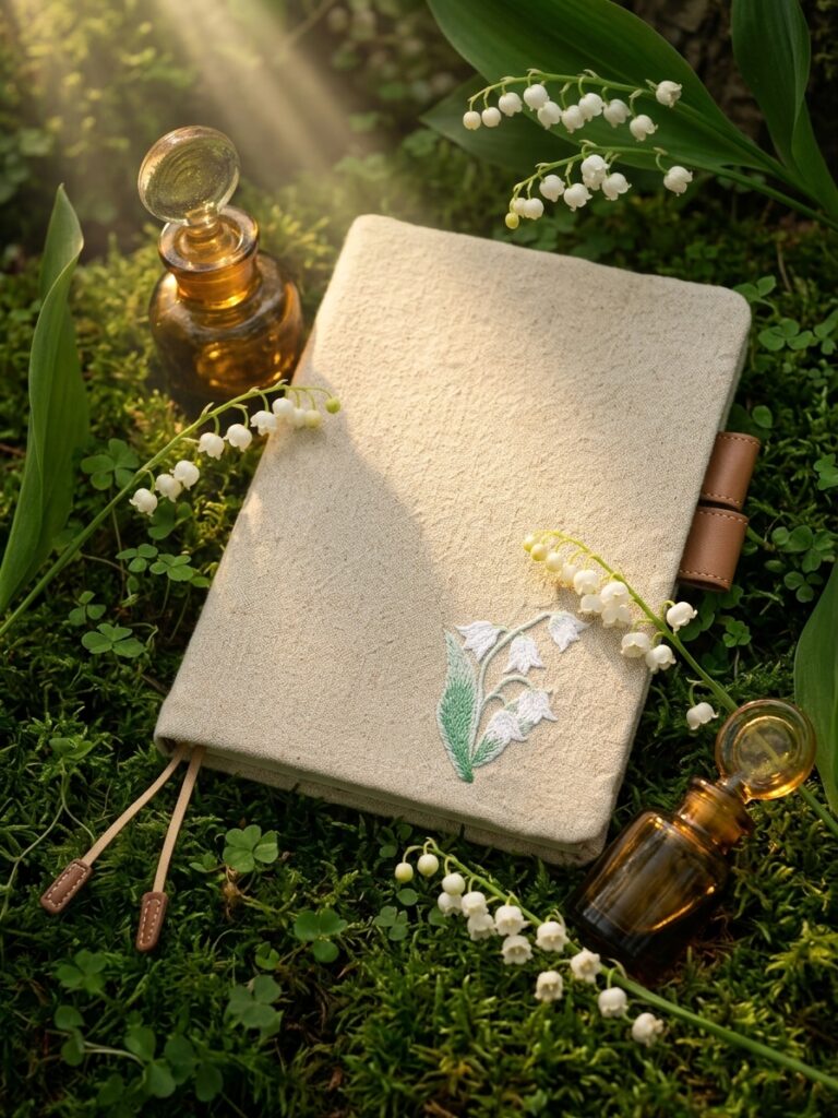 A handmade beige linen book cover featuring embroidered white lily of the valley flowers, resting on lush green moss surrounded by blooming lily of the valley sprigs, two vintage amber glass apothecary bottles, and dappled sunlight streaming through the trees.