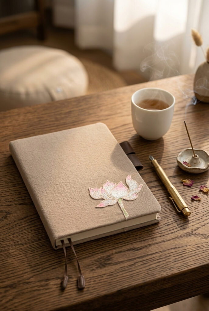A handmade taupe linen book cover featuring delicate embroidered pink lotus petals, styled on a wooden tea table in soft sunlight beside a white cup of warm tea, a brass fountain pen, and a burning incense stick with rising smoke.