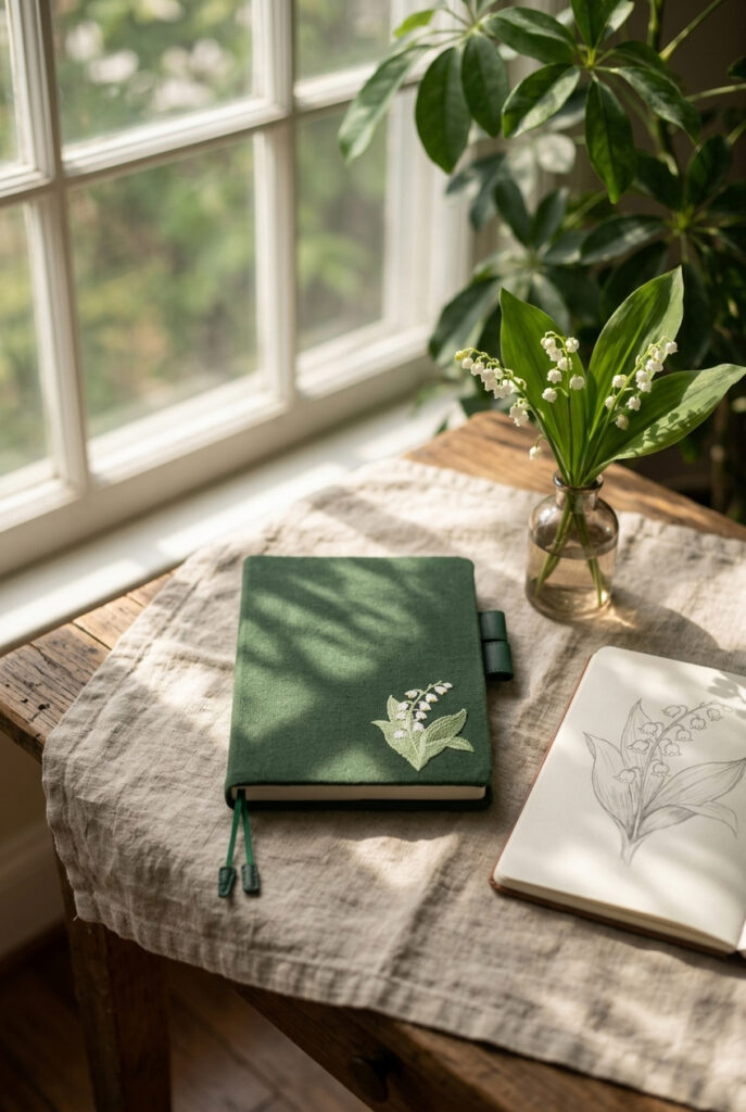 A handmade dark forest green linen book cover with embroidered white lily of the valley flowers, resting on a rustic linen table runner by a sunlit window beside a small vase of fresh lily of the valley blooms and an open botanical sketchbook.