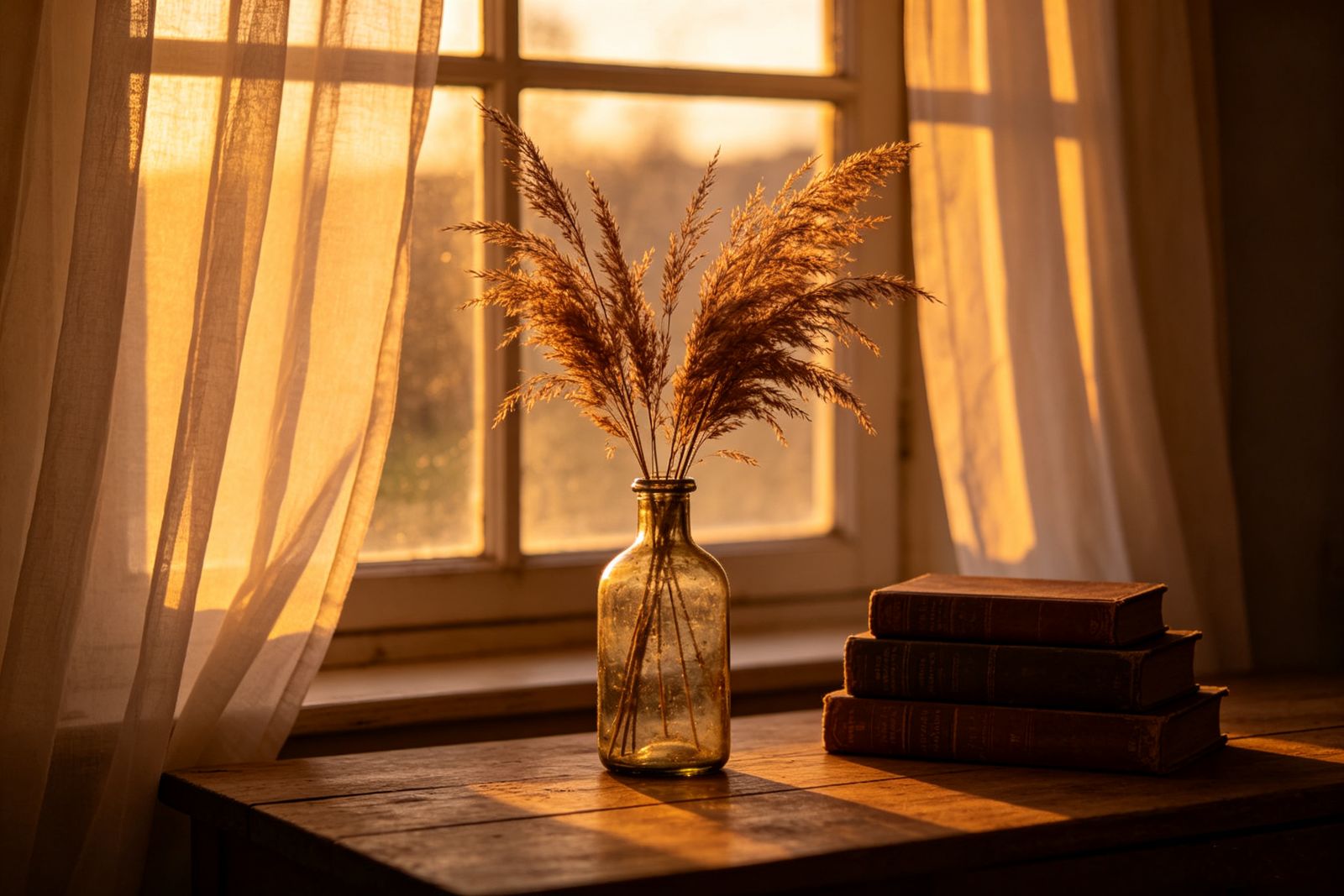 A vase of dried pampas grass and a stack of three vintage, worn books resting on a dark wooden table in warm golden hour sunlight by a window with sheer linen curtains.