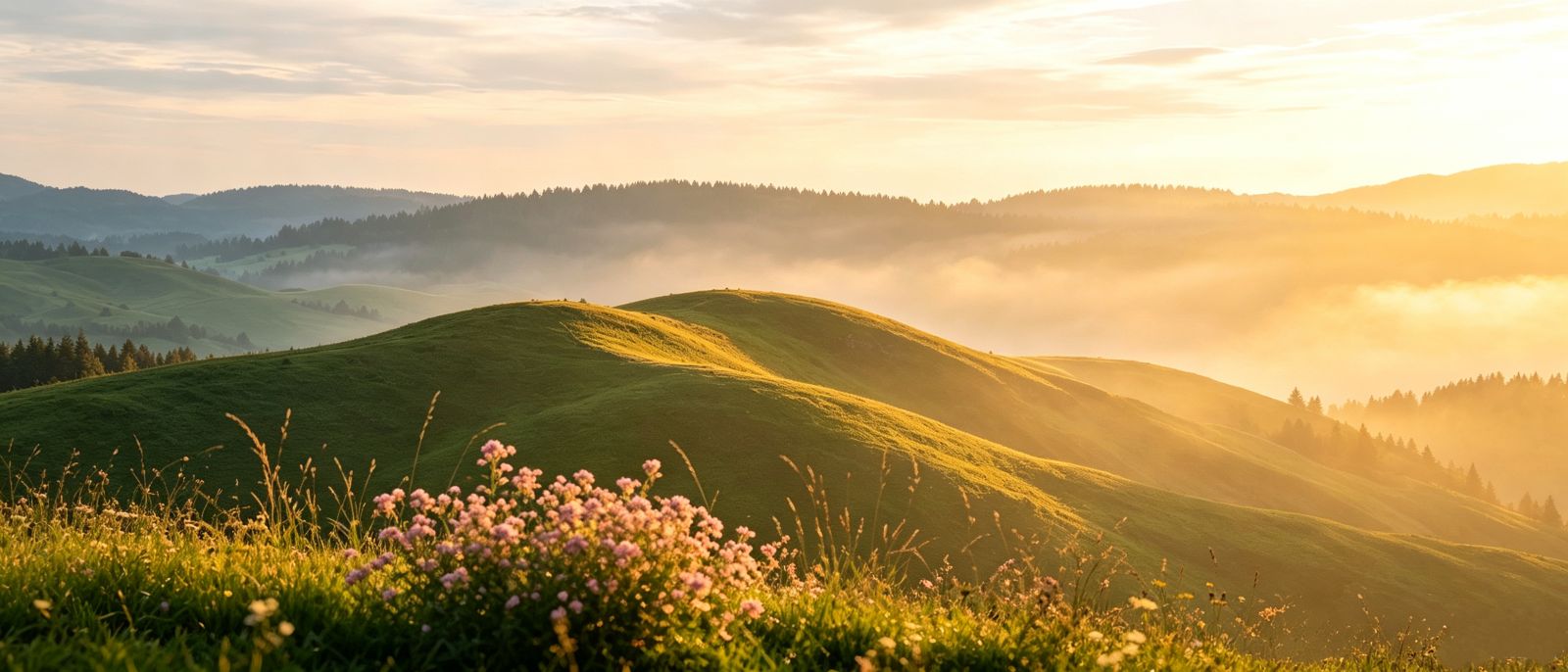 Panoramic landscape of rolling green hills in golden morning sunlight with valley mist and pink wildflowers in the foreground.